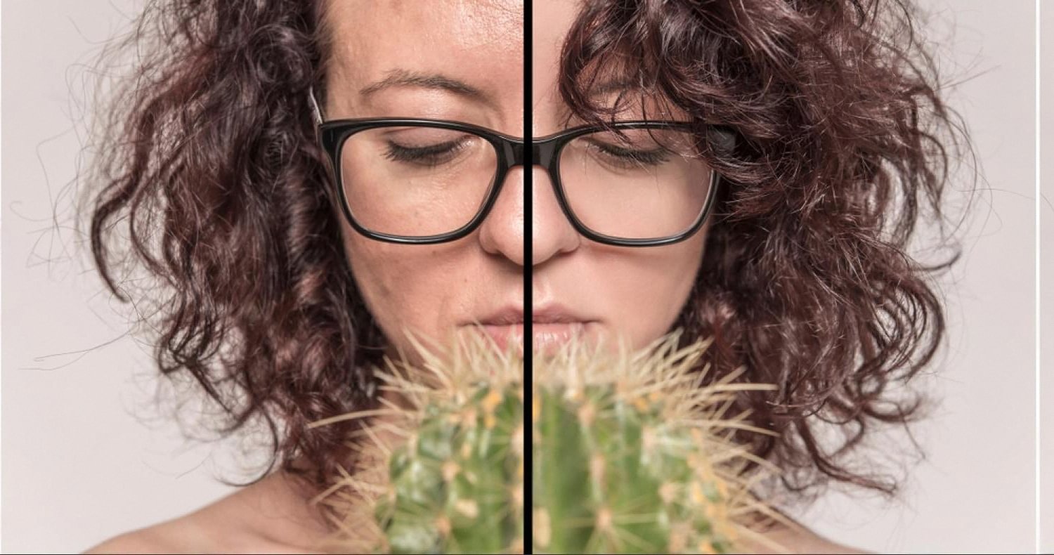 Split image of a woman's face showing skin with acne marks on one side and clear skin on the other